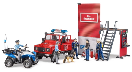 BRUDER 62701 Remiza strażacka + Land Rover Defender straży pożarnej + akcesoria