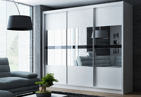 Szafa Batumi 250x61x215 cm biały / lustro grafitowe/szkło czarne