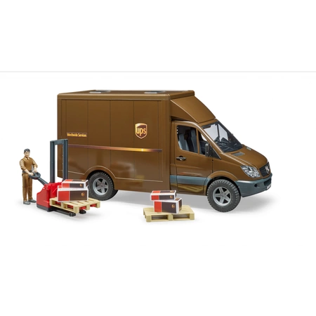 BRUDER MB Sprinter UPS z figurką podnośnikiem i z akcesoriami spedycyjnymi 02538