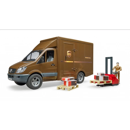 BRUDER MB Sprinter UPS z figurką podnośnikiem i z akcesoriami spedycyjnymi 02538