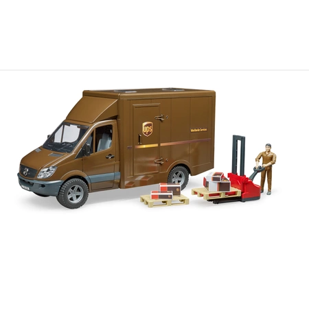 BRUDER MB Sprinter UPS z figurką podnośnikiem i z akcesoriami spedycyjnymi 02538