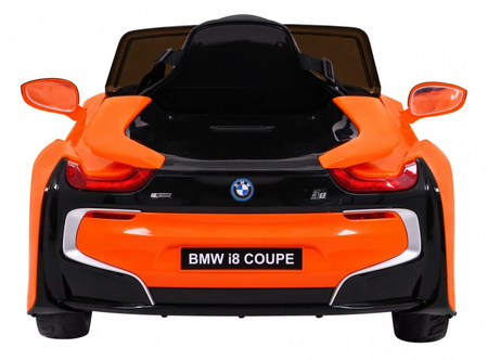 BMW I8 Lift Auto na akumulator pomarańczowy + Pilot + Wolny Start + 3-pkt pasy + MP3 USB + LED