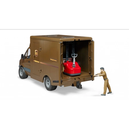 BRUDER MB Sprinter UPS z figurką podnośnikiem i z akcesoriami spedycyjnymi 02538