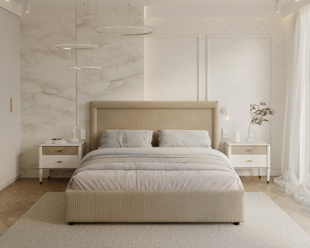 FDM Łóżko tapicerowane NOBILE 140x200 cm z pojemnikiem i metalowym stelażem podnoszonym - sztruks beż