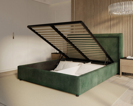 FDM Łóżko tapicerowane NOBILE 160x200 cm z pojemnikiem i metalowym stelażem podnoszonym - sztruks butelkowa zieleń