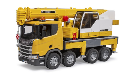 BRUDER Scania Super 560R ciężarówka żółta z dużym dźwigiem Liebherr