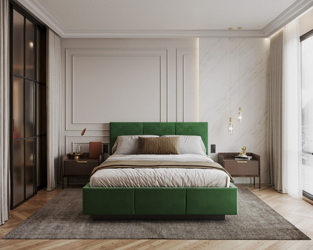 FSM Łóżko lewitujące tapicerowane AVEIRO 90x200 cm z pojemnikiem i stelażem podnoszonym - TRINITY butelkowa zieleń