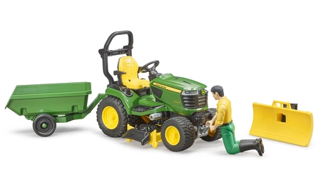 BRUDER 62104 Traktorek John Deere z kosiarką, łyżką przyczepką i figurką ogrodnika