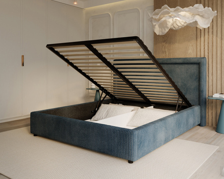 FDM Łóżko tapicerowane NOBILE 140x200 cm z pojemnikiem i metalowym stelażem podnoszonym - sztruks granat
