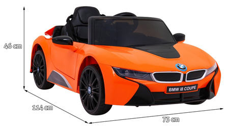 BMW I8 Lift Auto na akumulator pomarańczowy + Pilot + Wolny Start + 3-pkt pasy + MP3 USB + LED