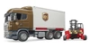 BRUDER 03581 Scania R kontener UPS z wózkiem widłowym i paletami 2szt