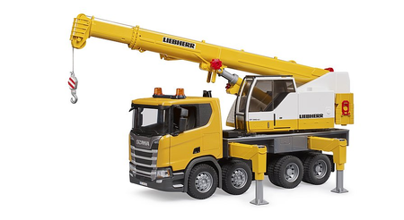 BRUDER Scania Super 560R ciężarówka żółta z dużym dźwigiem Liebherr