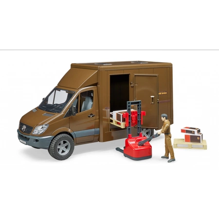 BRUDER MB Sprinter UPS z figurką podnośnikiem i z akcesoriami spedycyjnymi 02538