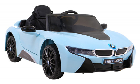 BMW I8 Lift Auto na akumulator niebieski + Pilot + Wolny Start + 3-pkt pasy + MP3 USB + LED