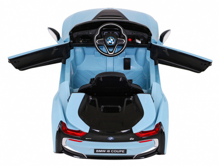 BMW I8 Lift Auto na akumulator niebieski + Pilot + Wolny Start + 3-pkt pasy + MP3 USB + LED