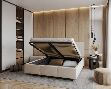 Łóżko lewitujące tapicerowane AVEIRO 120x200 cm z pojemnikiem i stelażem podnoszonym - TRINITY kremowy