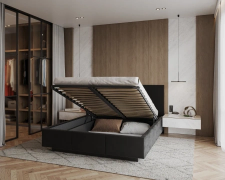 Łóżko lewitujące tapicerowane AVEIRO 180x200 cm z pojemnikiem i stelażem podnoszonym - TRINITY czarny