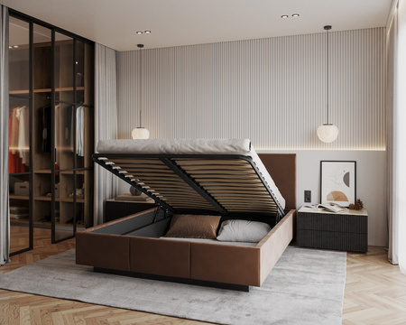 Łóżko lewitujące tapicerowane AVEIRO 160x200 cm z pojemnikiem i stelażem podnoszonym - TRINITY brązowy