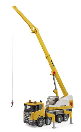 BRUDER Scania Super 560R ciężarówka żółta z dużym dźwigiem Liebherr