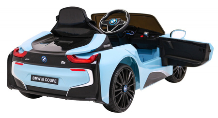 BMW I8 Lift Auto na akumulator niebieski + Pilot + Wolny Start + 3-pkt pasy + MP3 USB + LED