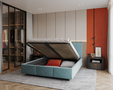 Łóżko lewitujące tapicerowane AVEIRO 140x200 cm z pojemnikiem i stelażem podnoszonym - TRINITY turkusowy