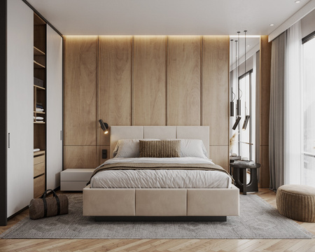 Łóżko lewitujące tapicerowane AVEIRO 120x200 cm z pojemnikiem i stelażem podnoszonym - TRINITY kremowy