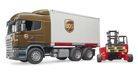 BRUDER 03581 Scania R kontener UPS z wózkiem widłowym i paletami 2szt