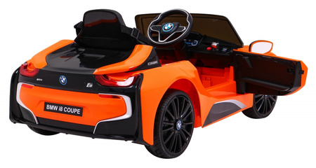 BMW I8 Lift Auto na akumulator pomarańczowy + Pilot + Wolny Start + 3-pkt pasy + MP3 USB + LED