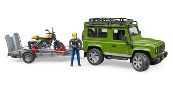 BRUDER 02589 Land Rover Defender z przyczepą z motocyklem Ducati i figurką motocyklisty